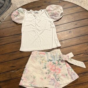 4/5 White Puff Sleeve Top with Floral Eyelet Wrap Skort